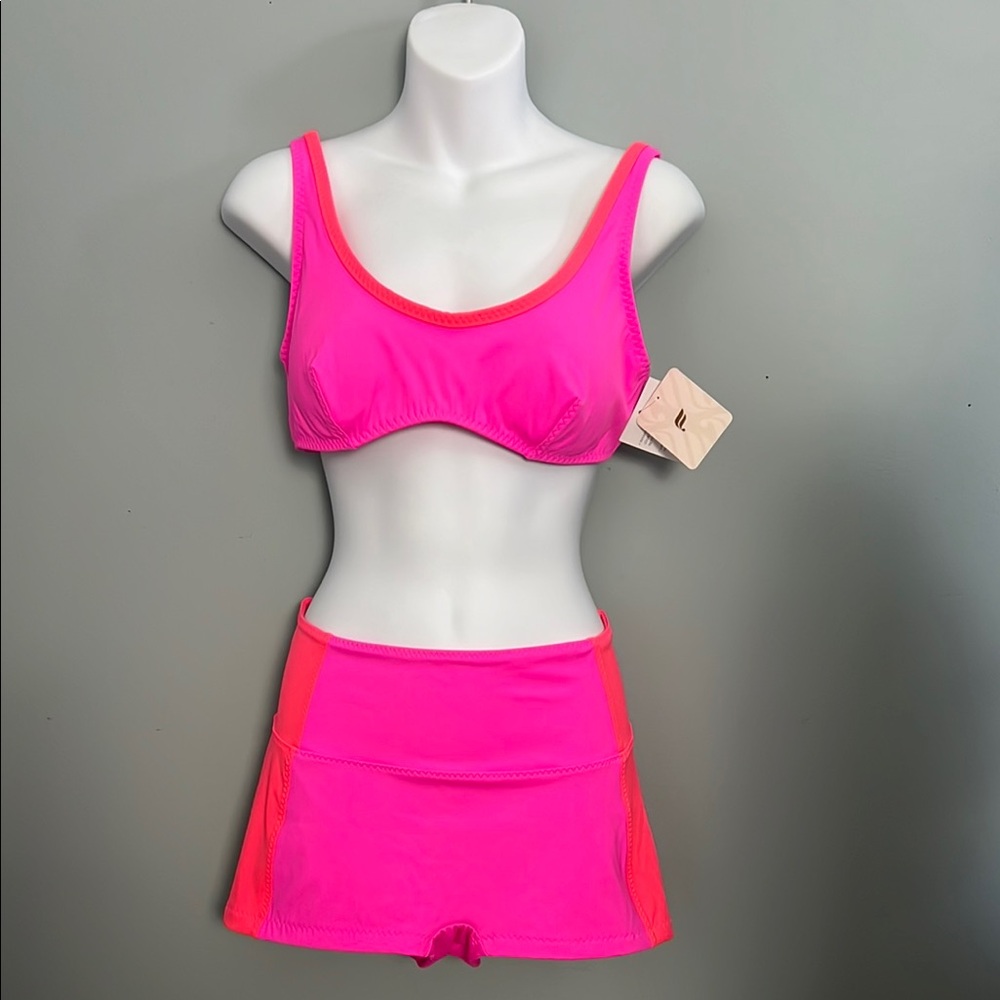 Fabletics Sunset Scoop Swim Top Neon Flamingo/Tropics